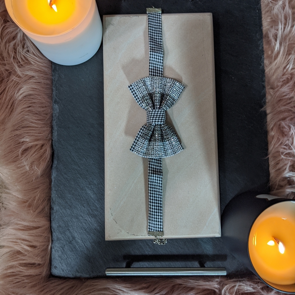 Houndstooth Rhinestoned Bow Choker